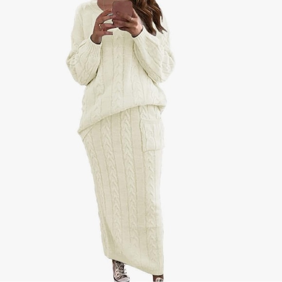 Pants - Chunky Cable Knit Long Skirt 2 Piece Outfit Sweater Sets